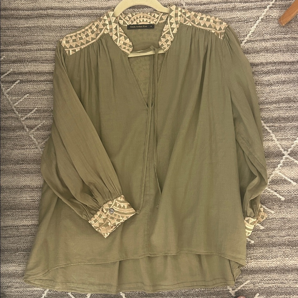 Elegant Olive Blouse with Geometric Accents